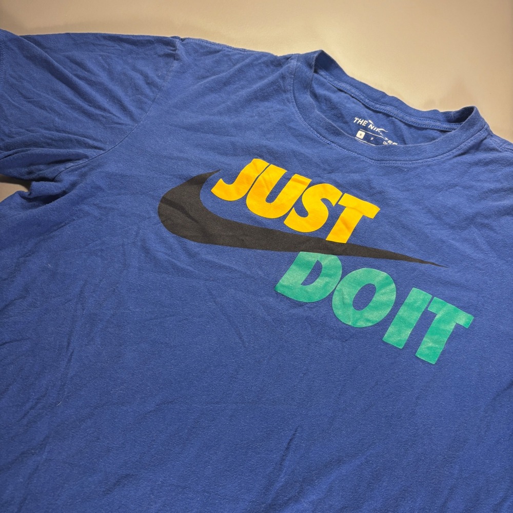 Nike Just Do It T Shirt Men's Small Blue Yellow Green Swoosh Graphic Tee‎